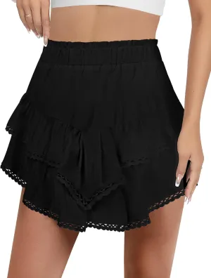 AURUZA Flowy Shorts for Women, Ruffle Tiered High Waist Pleated Boho Casual Swing Beach Mini Skirt Golf Tennis Crochet Shorts Black