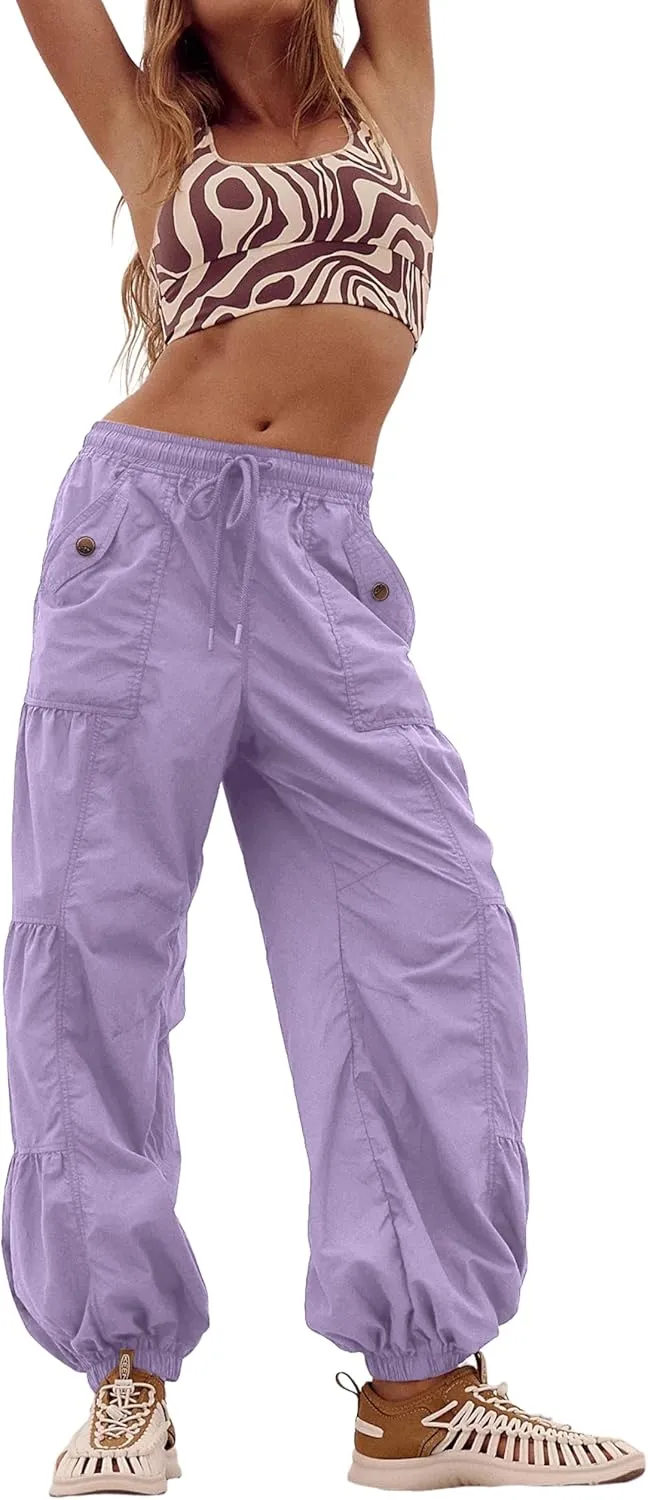 Bankeng Parachute Pants for Women Cargo Pants with Pockets Elastic Waist Drawstring Baggy Hiking Pants