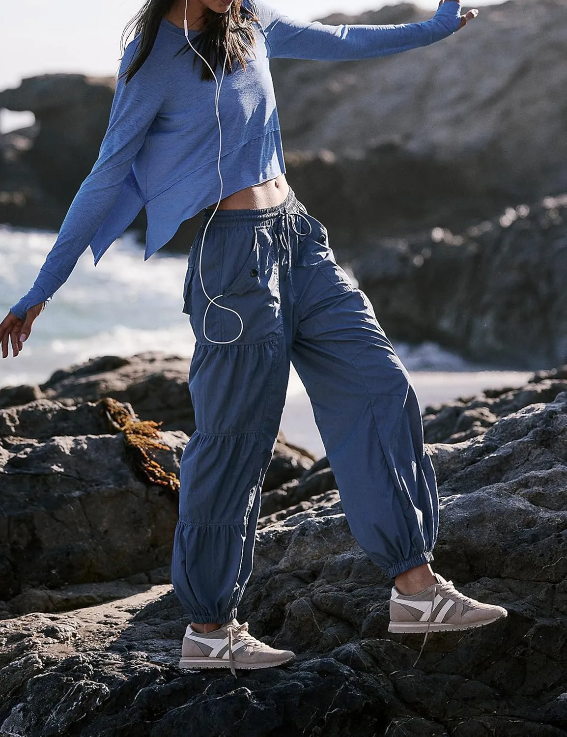 Bankeng Parachute Pants for Women Cargo Pants with Pockets Elastic Waist Drawstring Baggy Hiking Pants