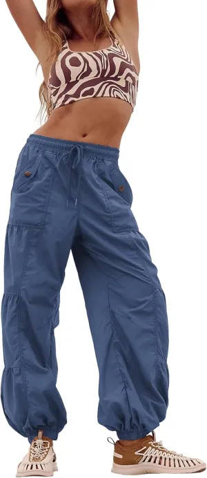 Bankeng Parachute Pants for Women Cargo Pants with Pockets Elastic Waist Drawstring Baggy Hiking Pants