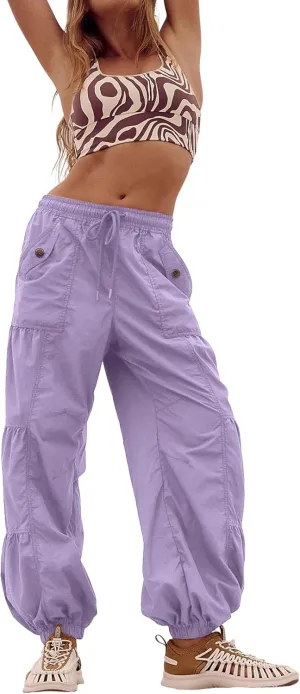Bankeng Parachute Pants for Women Cargo Pants with Pockets Elastic Waist Drawstring Baggy Hiking Pants