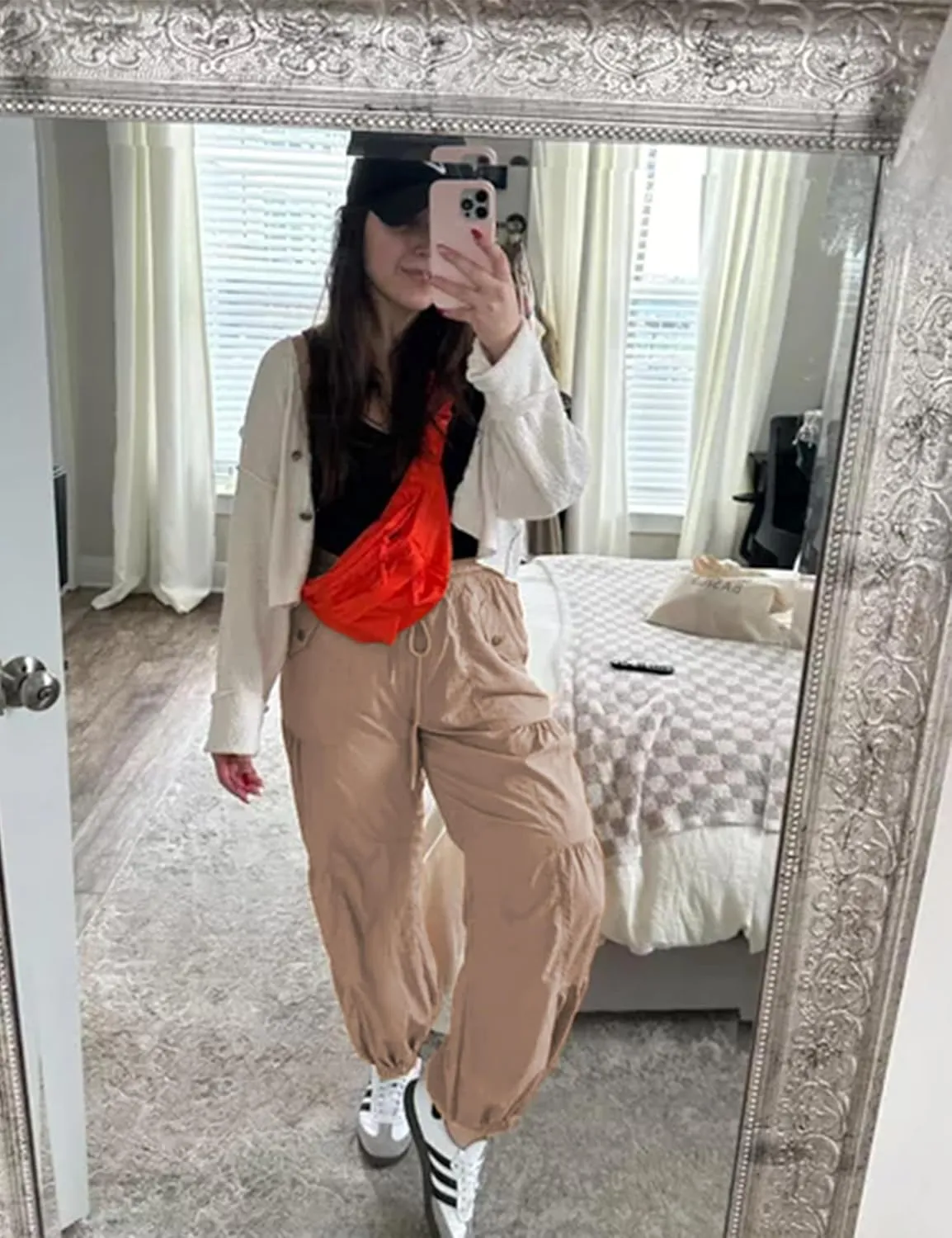Bankeng Parachute Pants for Women Cargo Pants with Pockets Elastic Waist Drawstring Baggy Hiking Pants