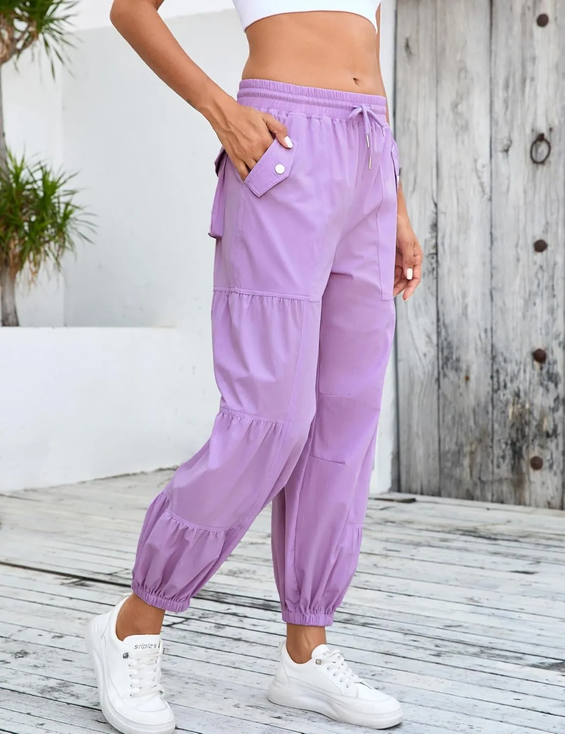 Bankeng Parachute Pants for Women Cargo Pants with Pockets Elastic Waist Drawstring Baggy Hiking Pants