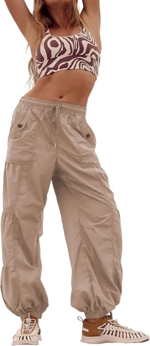 Bankeng Parachute Pants for Women Cargo Pants with Pockets Elastic Waist Drawstring Baggy Hiking Pants