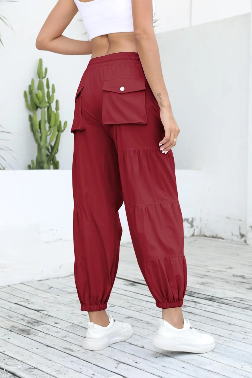 Bankeng Parachute Pants for Women Cargo Pants with Pockets Elastic Waist Drawstring Baggy Hiking Pants