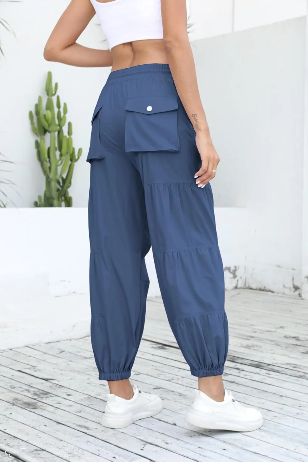 Bankeng Parachute Pants for Women Cargo Pants with Pockets Elastic Waist Drawstring Baggy Hiking Pants