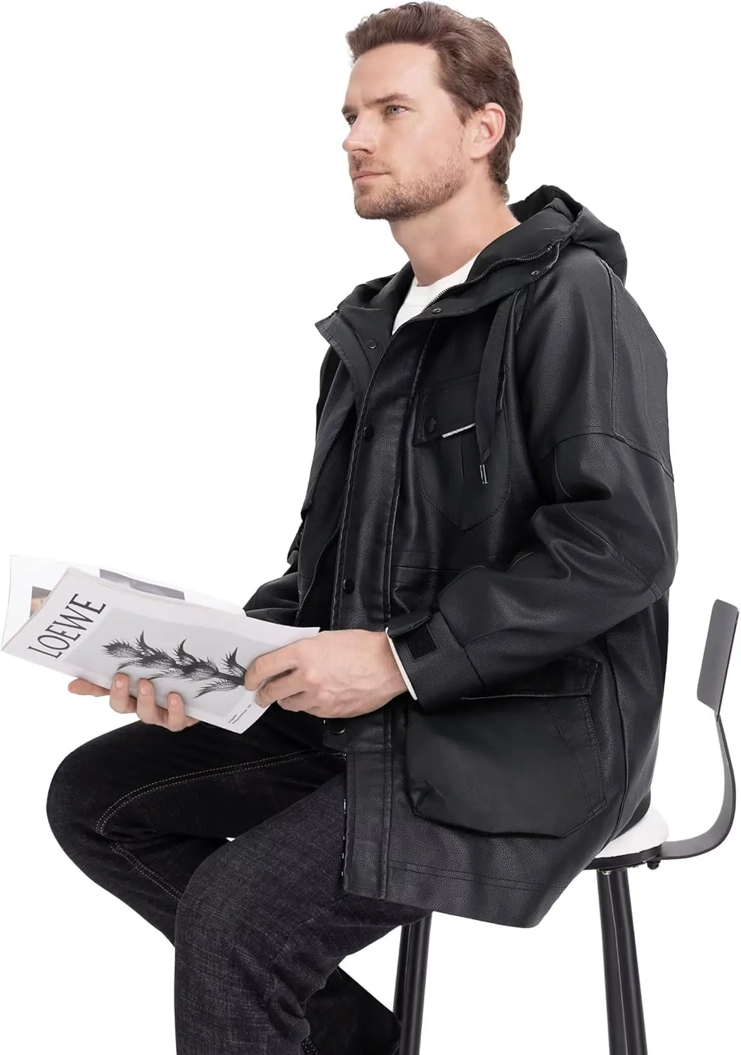 BEST SOUTH Men's Long Faux Leather Winter Jacket Bomber Motorcycle Warm Casual Coat Hood