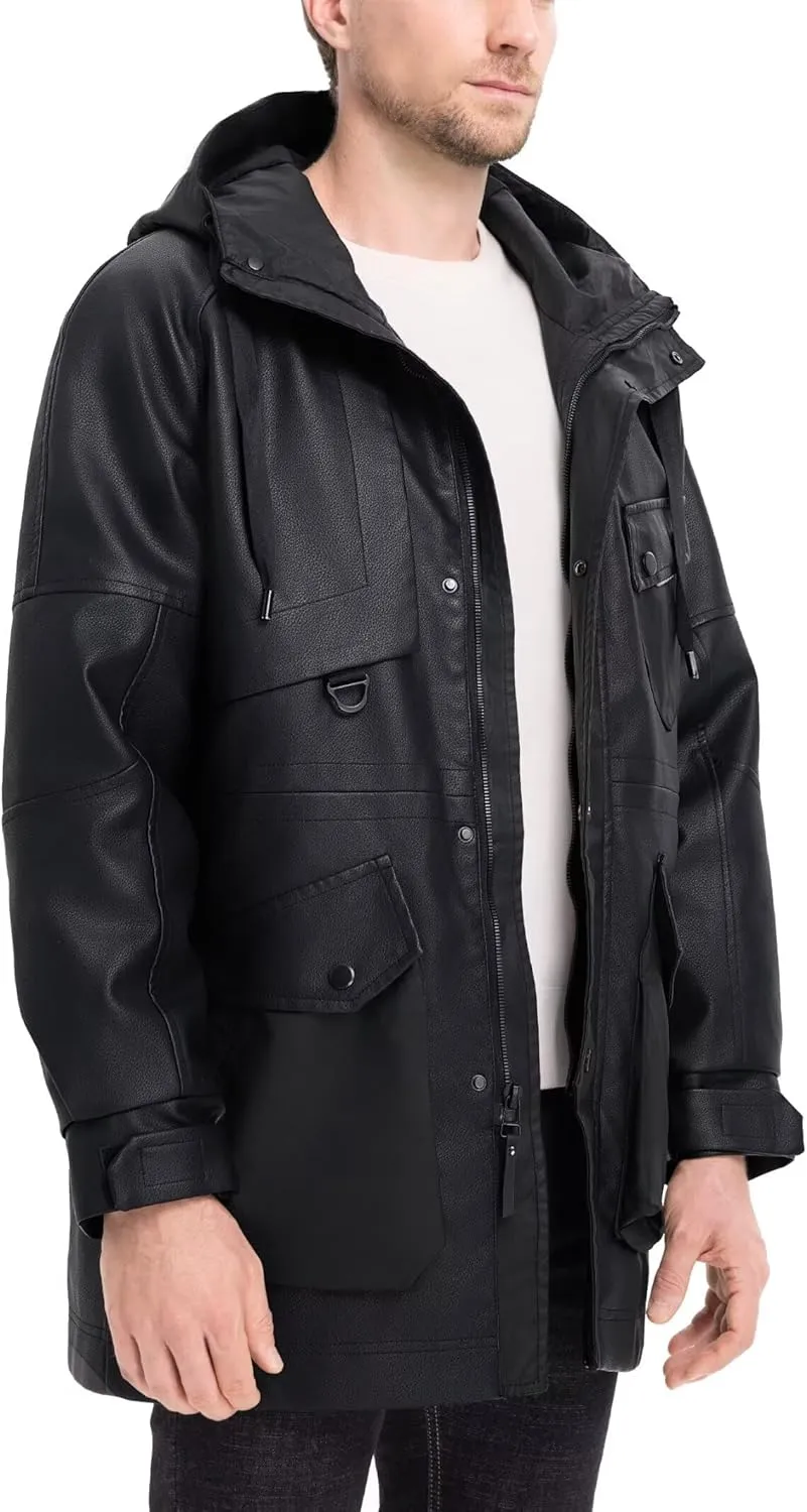 BEST SOUTH Men's Long Faux Leather Winter Jacket Bomber Motorcycle Warm Casual Coat Hood
