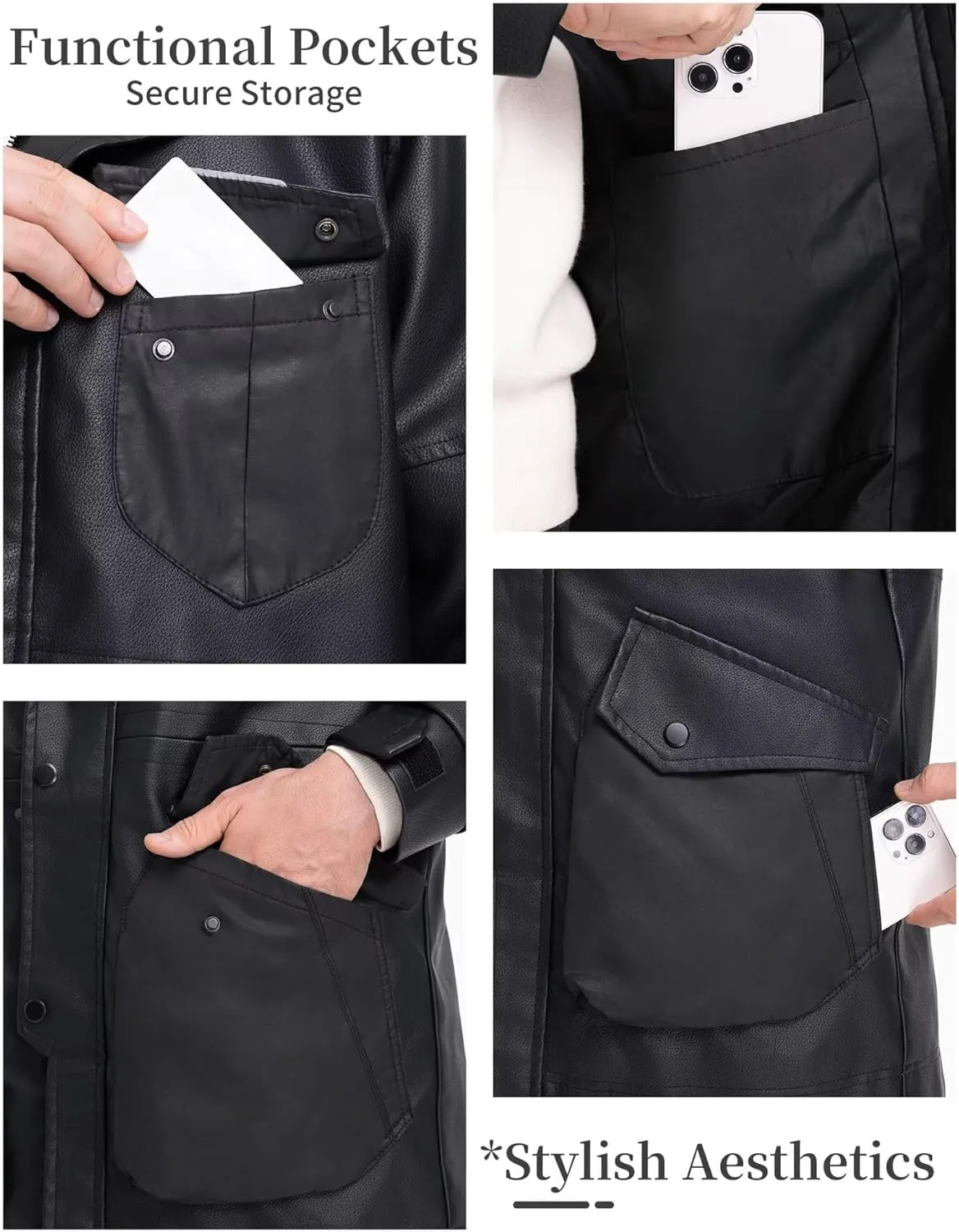 BEST SOUTH Men's Long Faux Leather Winter Jacket Bomber Motorcycle Warm Casual Coat Hood