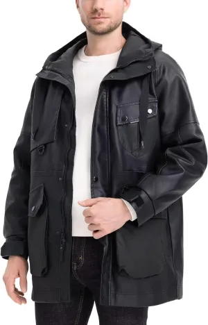 BEST SOUTH Men's Long Faux Leather Winter Jacket Bomber Motorcycle Warm Casual Coat Hood