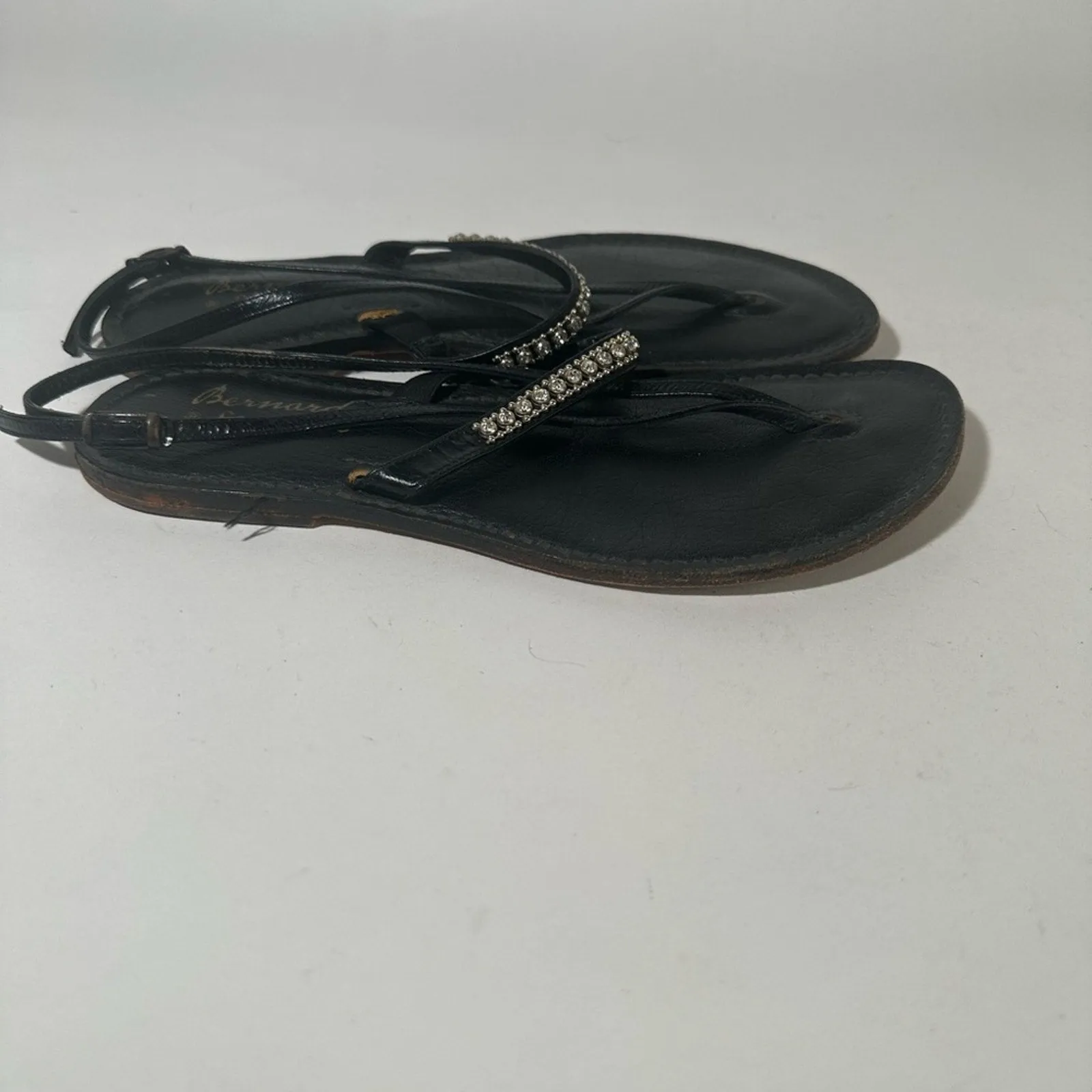 Black Sandals with Rhinestone Embellished Strap and Flat Sole