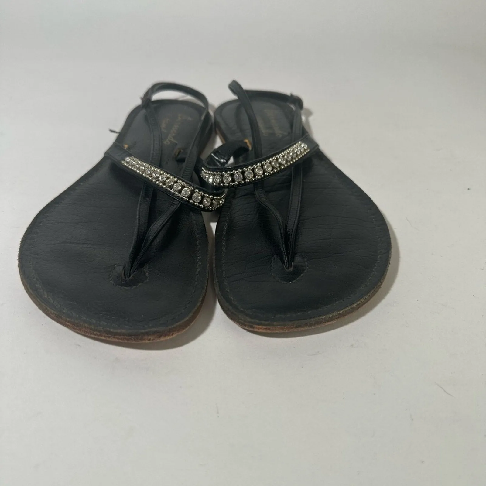 Black Sandals with Rhinestone Embellished Strap and Flat Sole