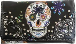 Briomhar Sugar Skull Gothic Wallet for Women - Day of the Dead Western Leather Wallet (Black)