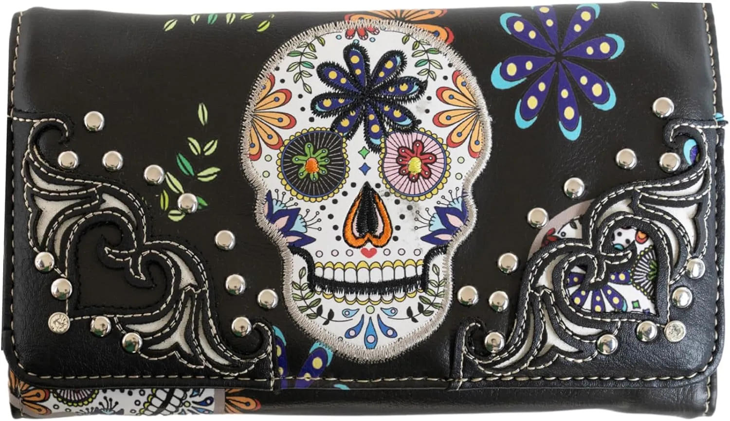 Briomhar Sugar Skull Gothic Wallet for Women - Day of the Dead Western Leather Wallet (Black)