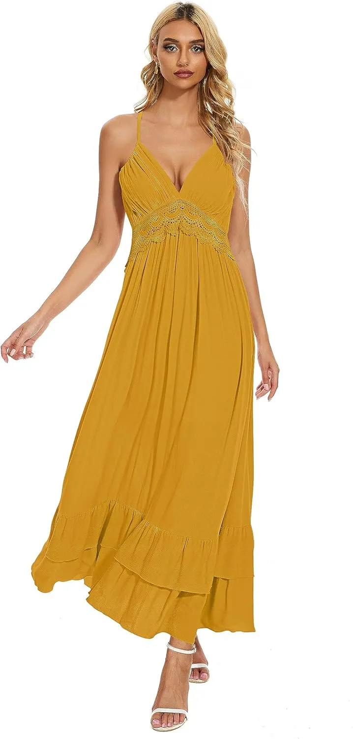 BSXIJIE Women's Summer Sexy Deep V Camisole Dress A Line Waist Up Long Beach Sun Dresses