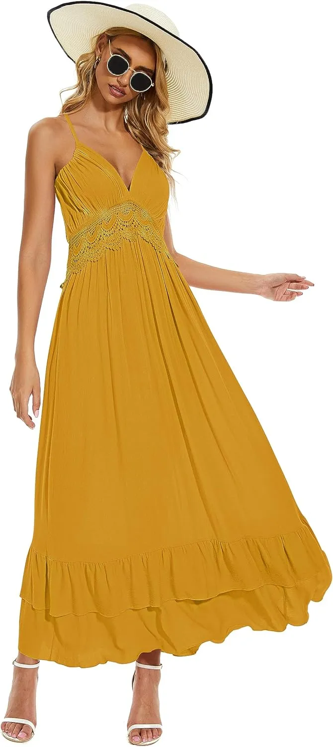 BSXIJIE Women's Summer Sexy Deep V Camisole Dress A Line Waist Up Long Beach Sun Dresses