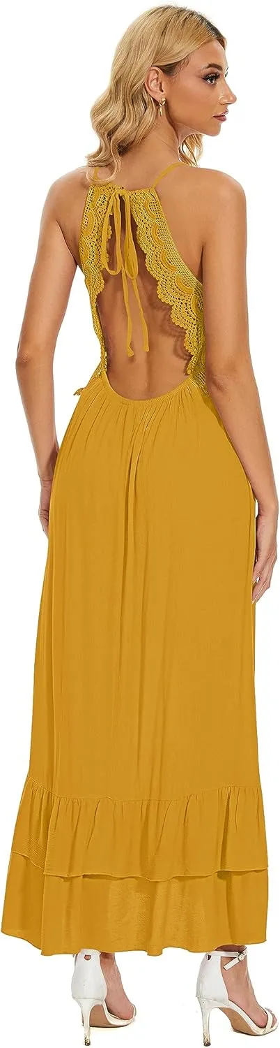 BSXIJIE Women's Summer Sexy Deep V Camisole Dress A Line Waist Up Long Beach Sun Dresses