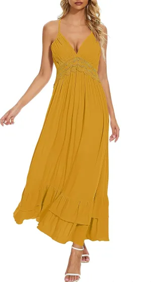 BSXIJIE Women's Summer Sexy Deep V Camisole Dress A Line Waist Up Long Beach Sun Dresses