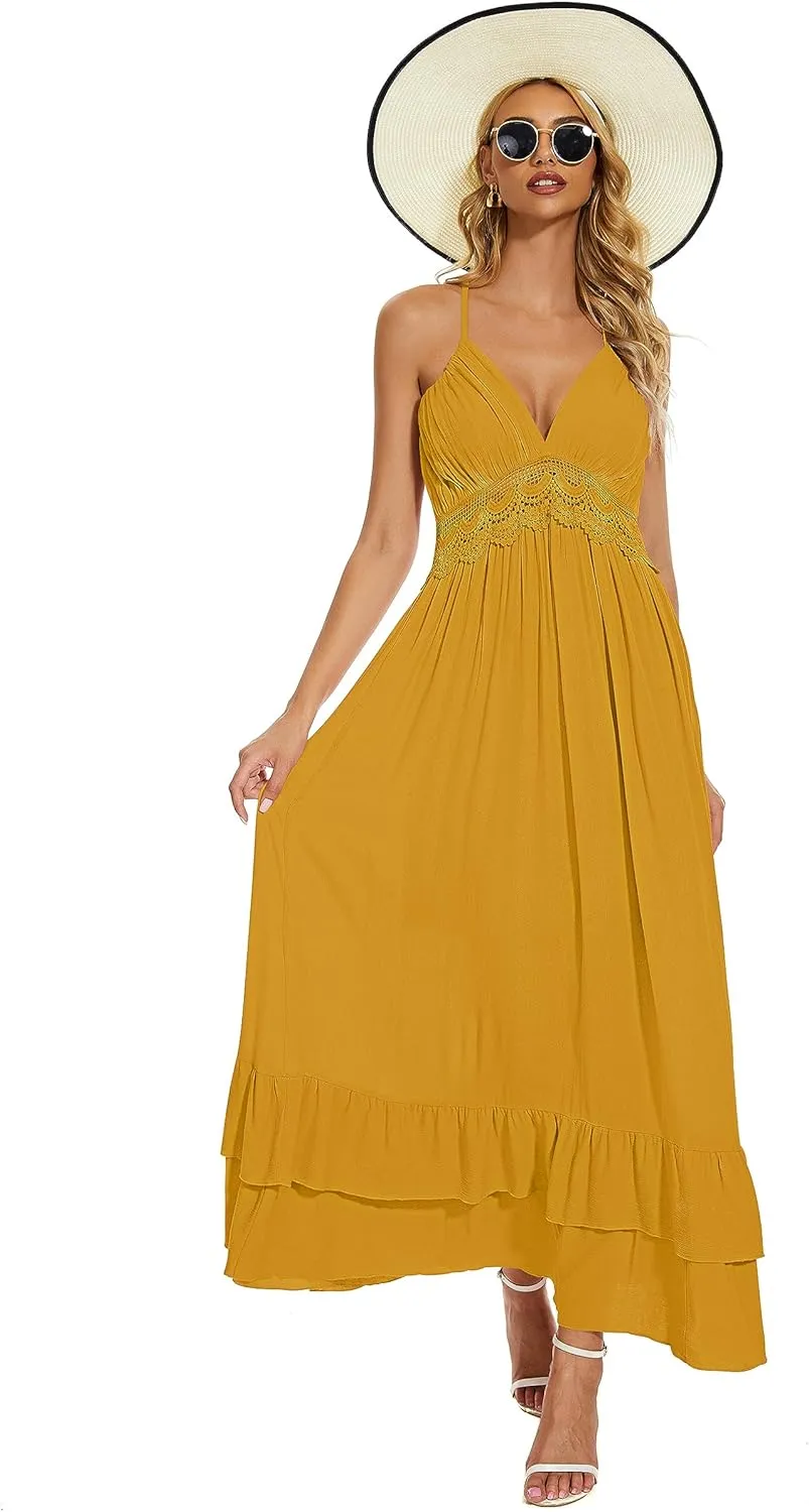 BSXIJIE Women's Summer Sexy Deep V Camisole Dress A Line Waist Up Long Beach Sun Dresses