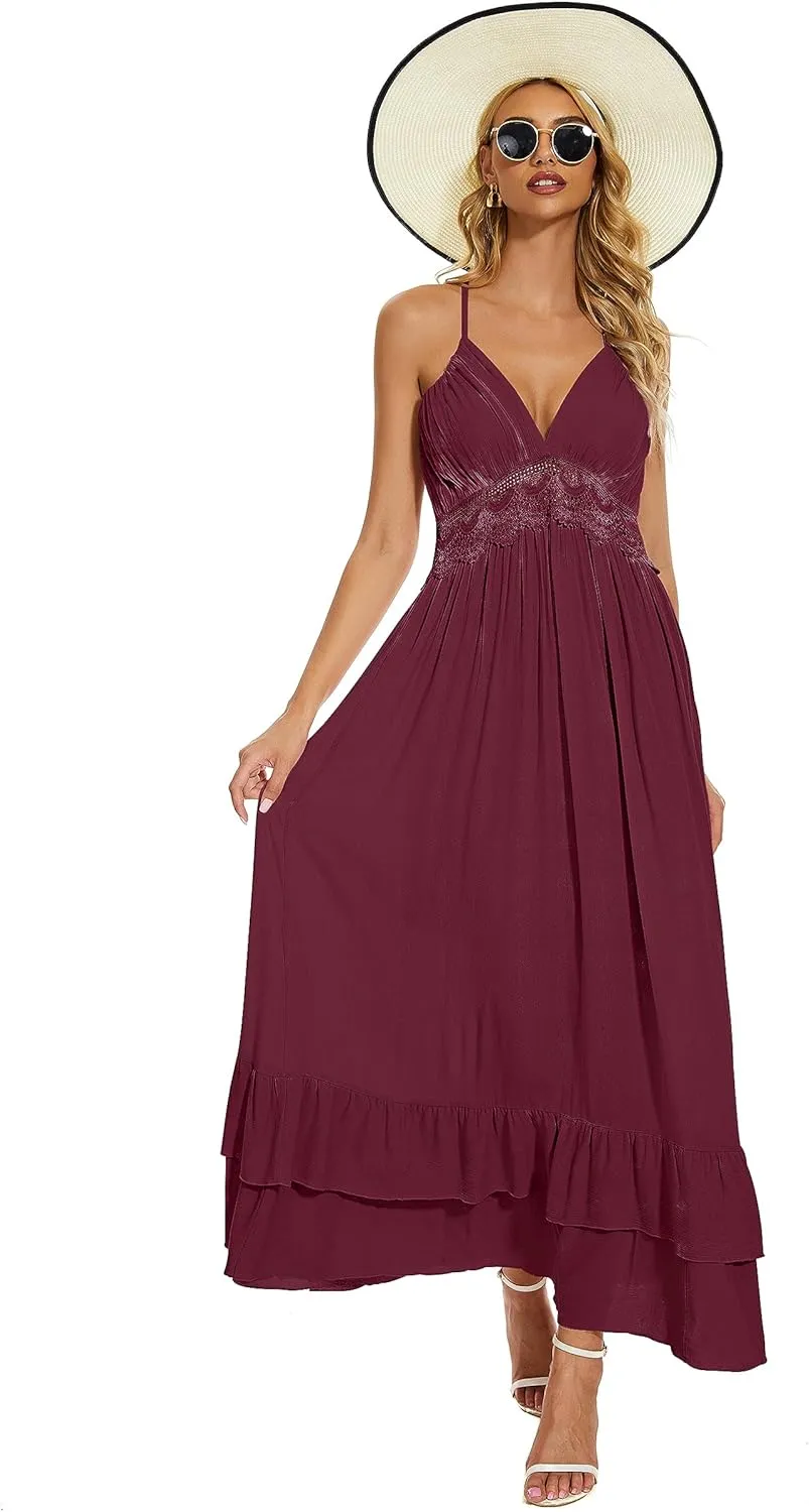 BSXIJIE Women's Summer Sexy Deep V Camisole Dress A Line Waist Up Long Beach Sun Dresses