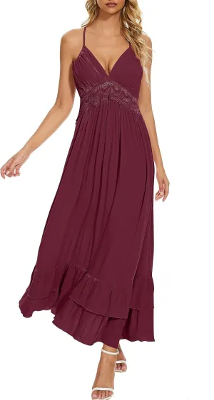 BSXIJIE Women's Summer Sexy Deep V Camisole Dress A Line Waist Up Long Beach Sun Dresses