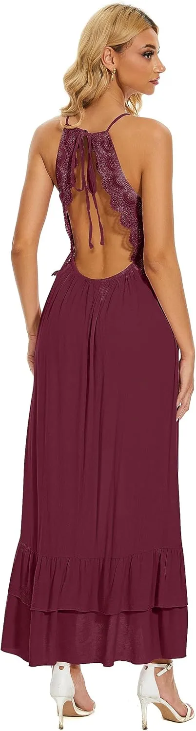 BSXIJIE Women's Summer Sexy Deep V Camisole Dress A Line Waist Up Long Beach Sun Dresses