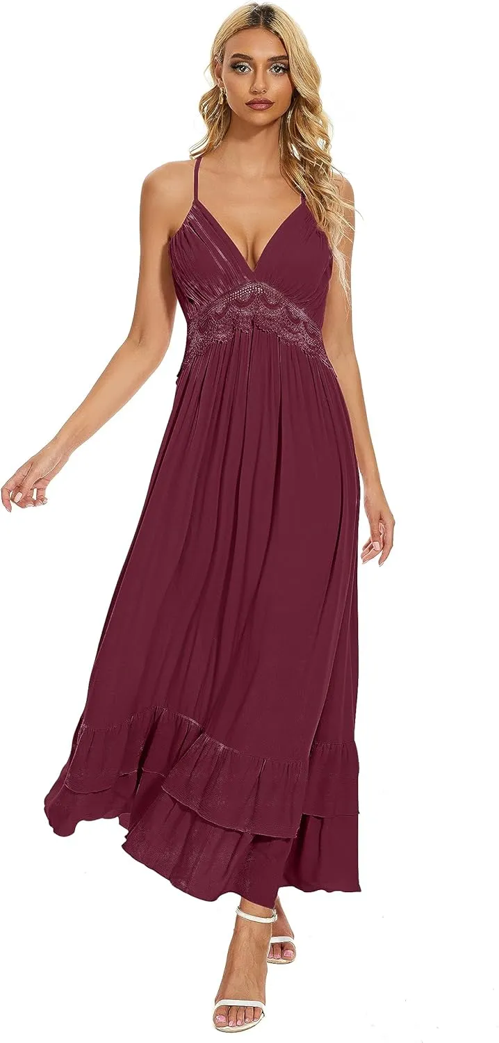 BSXIJIE Women's Summer Sexy Deep V Camisole Dress A Line Waist Up Long Beach Sun Dresses