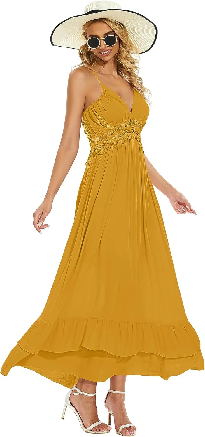 BSXIJIE Women's Summer Sexy Deep V Camisole Dress A Line Waist Up Long Beach Sun Dresses