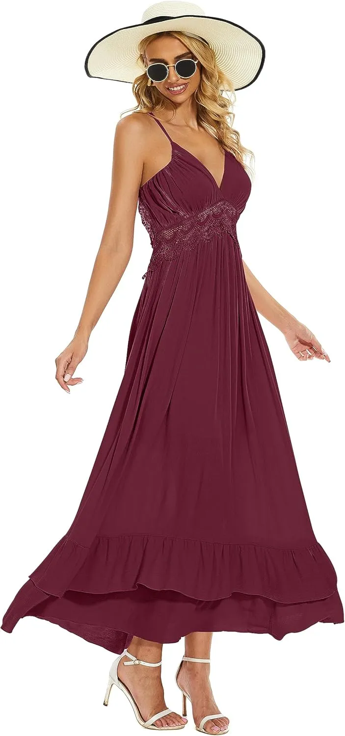 BSXIJIE Women's Summer Sexy Deep V Camisole Dress A Line Waist Up Long Beach Sun Dresses