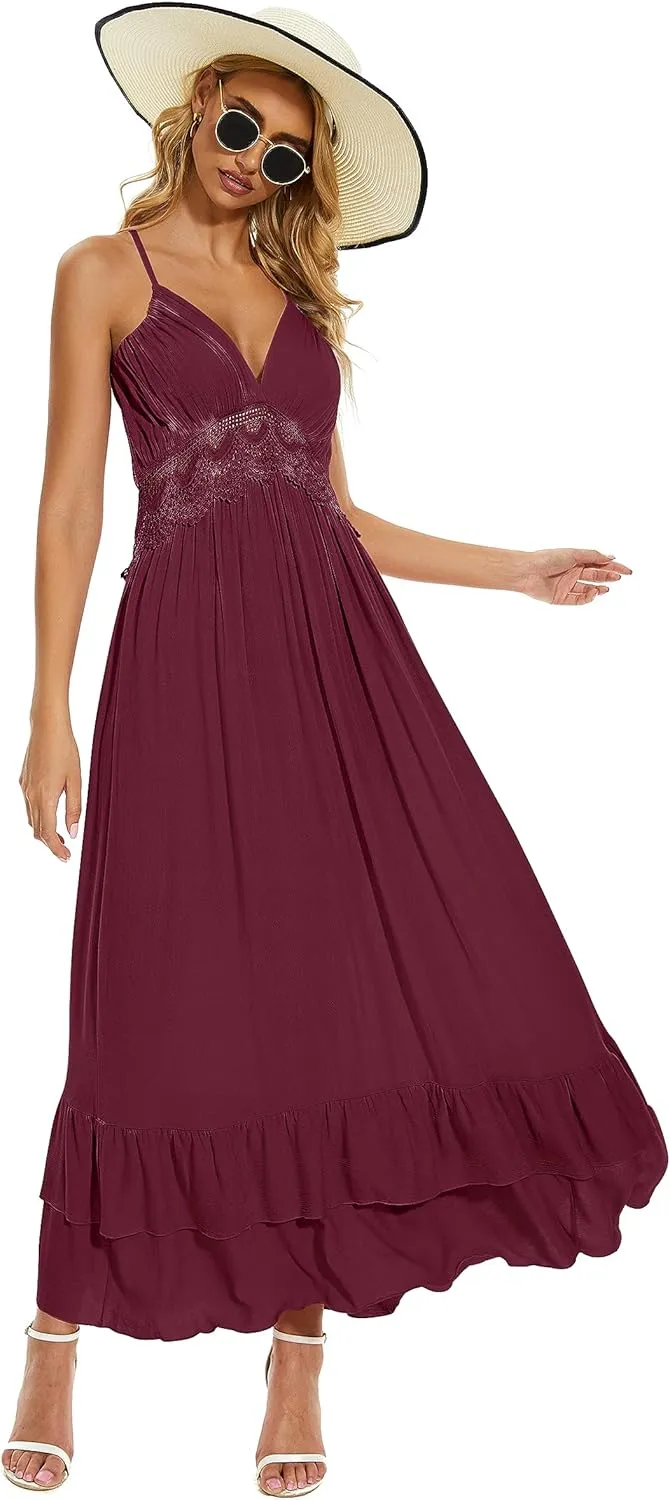 BSXIJIE Women's Summer Sexy Deep V Camisole Dress A Line Waist Up Long Beach Sun Dresses