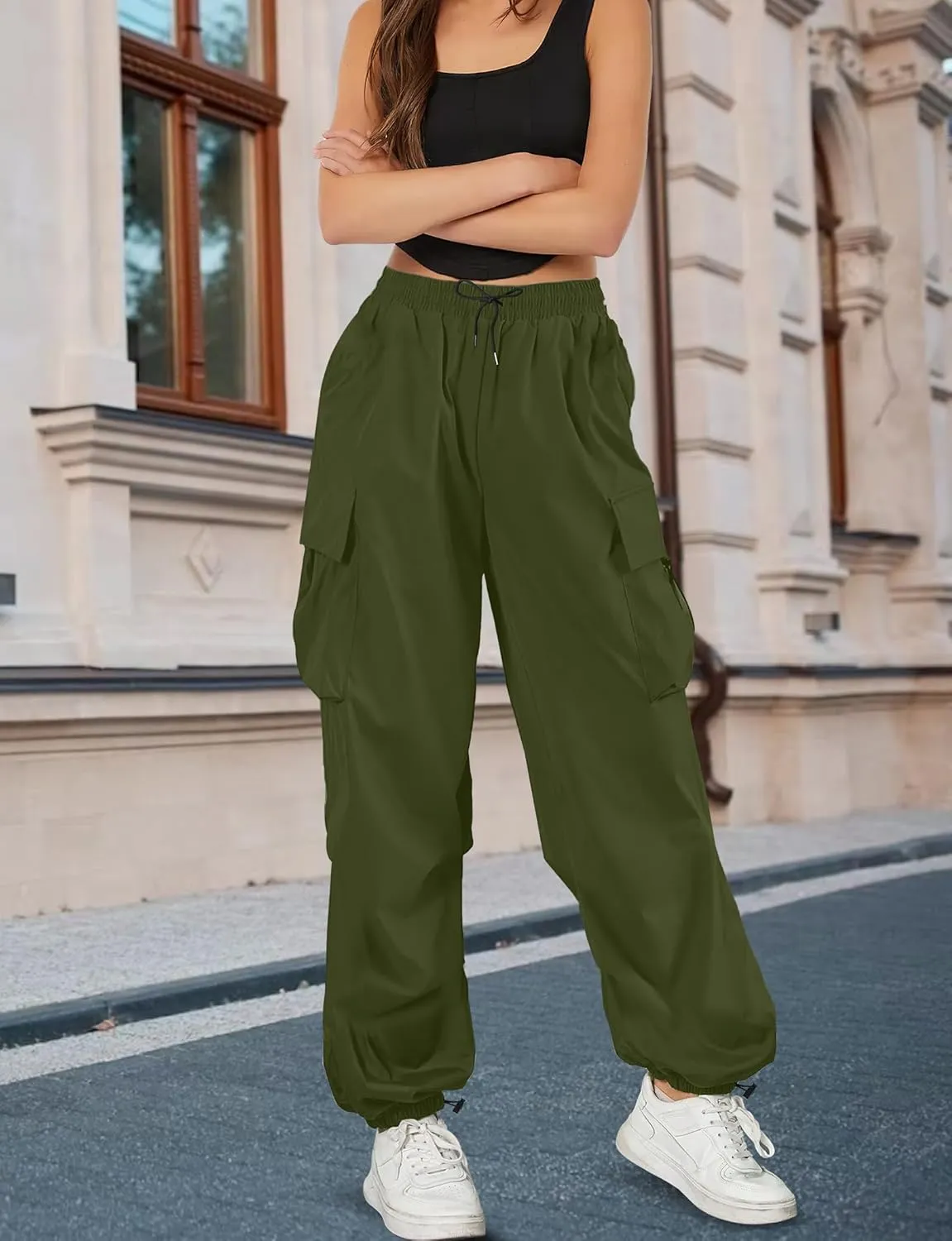 Buauty Womens Cargo Pants, Black Baggy Parachute Pants with Pockets Trendy Cargo Sweatpants Joggers for Women, Y2k Pants