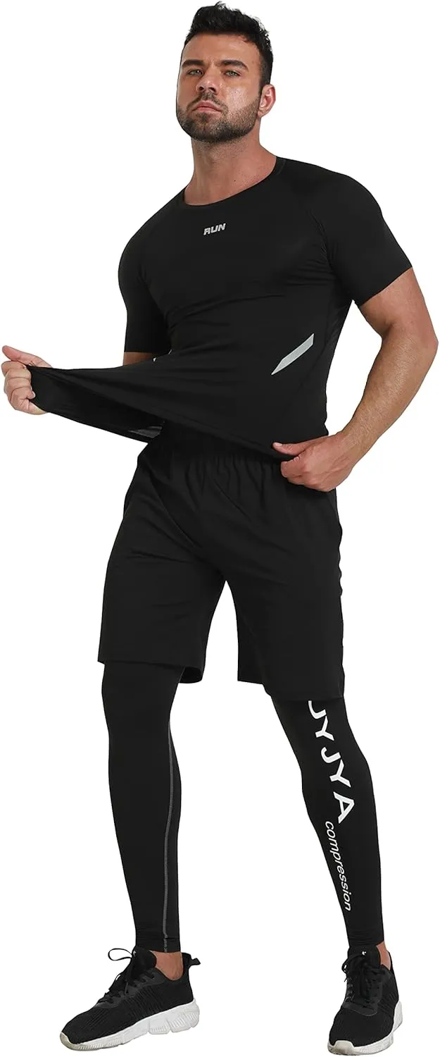 BUYJYA 5Pcs Men's Compression Pants Shirt Top Long Sleeve Jacket Athletic Sets Gym Clothing Mens Workout