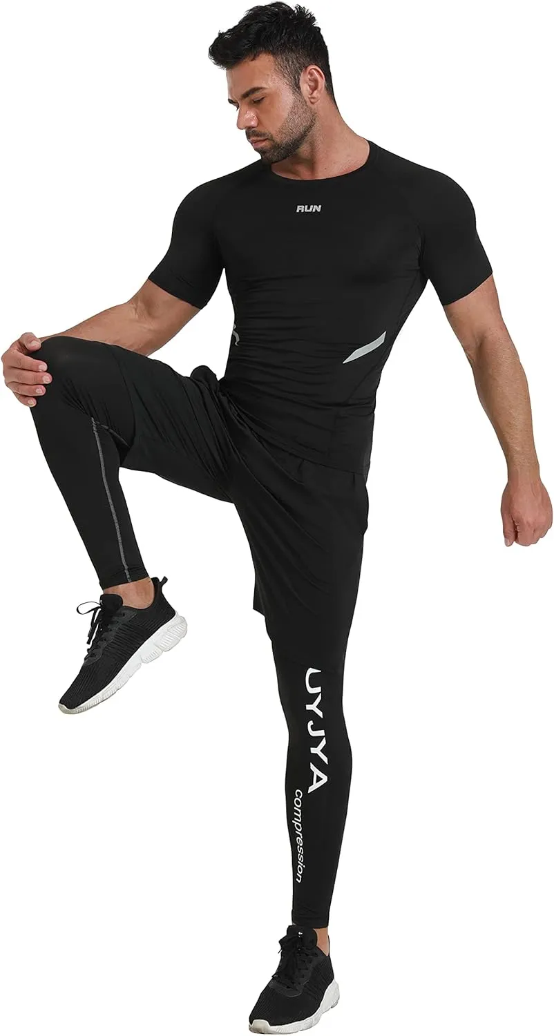 BUYJYA 5Pcs Men's Compression Pants Shirt Top Long Sleeve Jacket Athletic Sets Gym Clothing Mens Workout