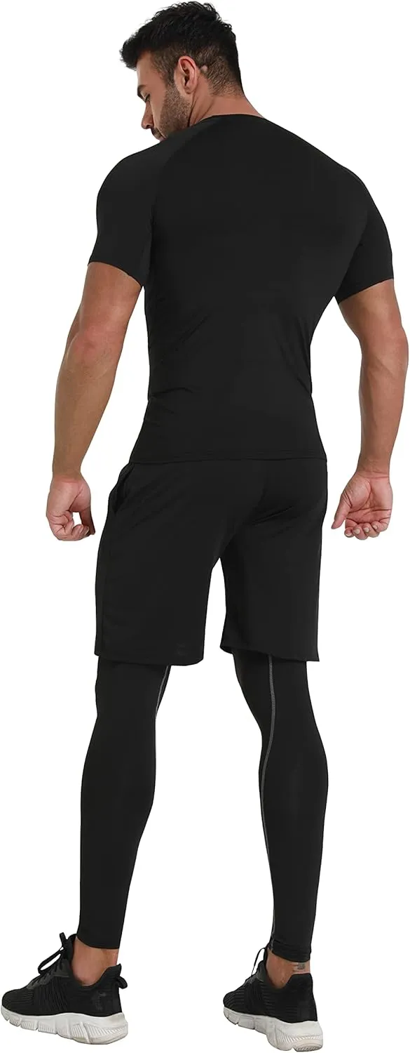 BUYJYA 5Pcs Men's Compression Pants Shirt Top Long Sleeve Jacket Athletic Sets Gym Clothing Mens Workout