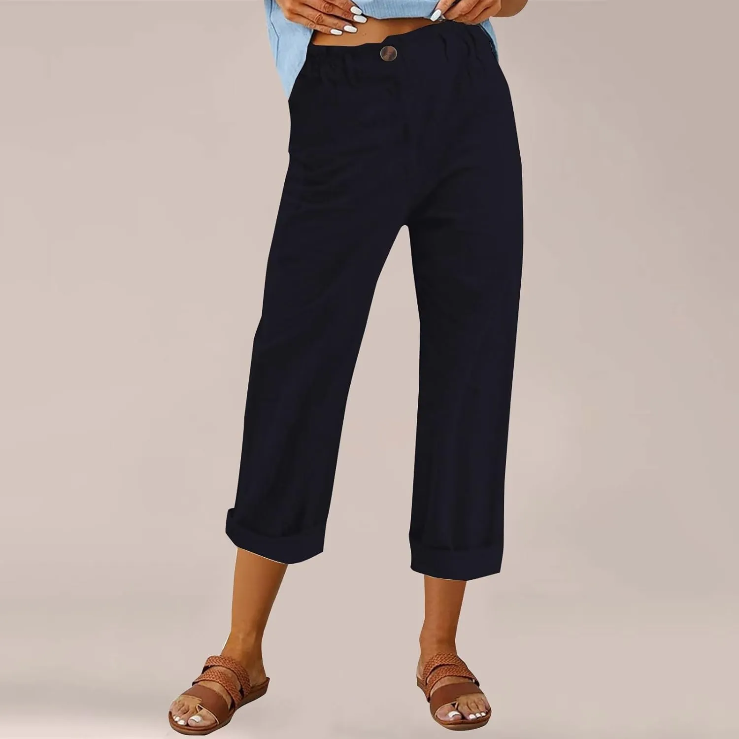 Casual Straight Leg Linen Pants for Women Lightweight Elastic Waist Lounge Pants Summer Beach Trousers with Pockets