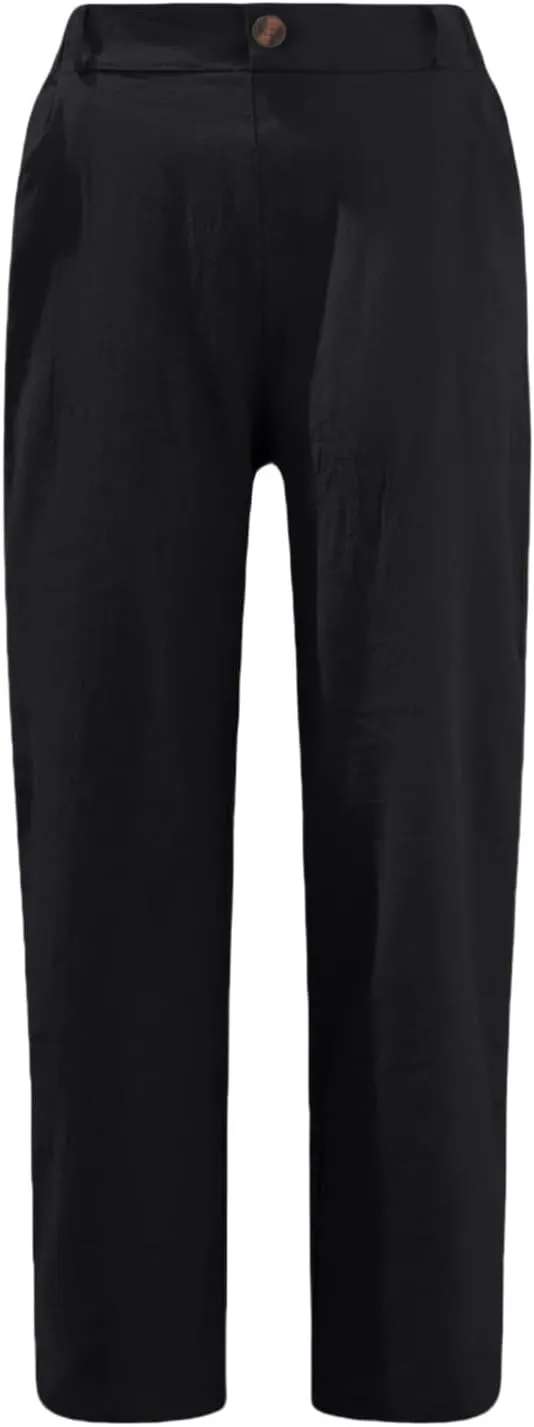 Casual Straight Leg Linen Pants for Women Lightweight Elastic Waist Lounge Pants Summer Beach Trousers with Pockets