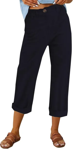 Casual Straight Leg Linen Pants for Women Lightweight Elastic Waist Lounge Pants Summer Beach Trousers with Pockets