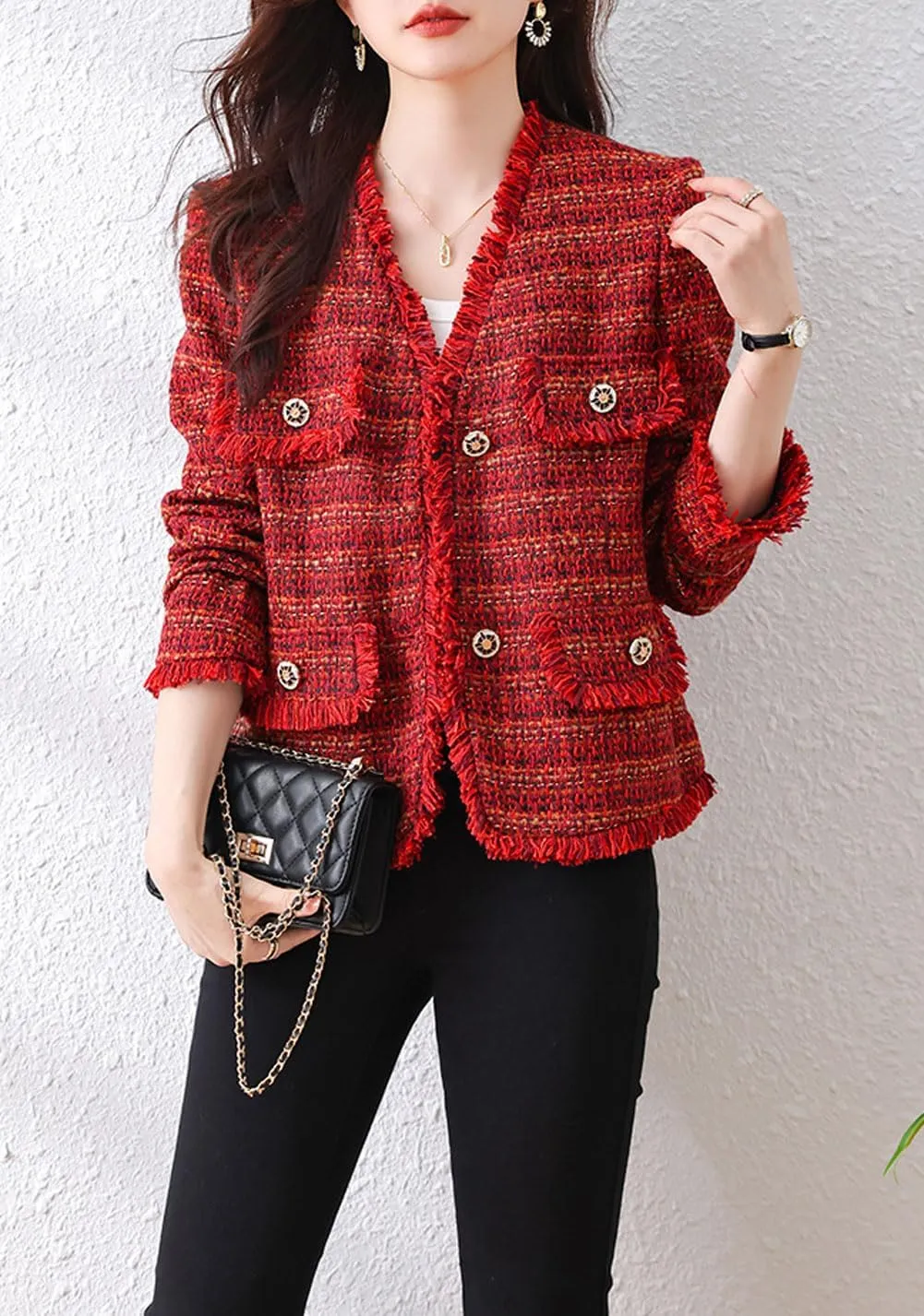 chouyatou Women's Fall V-Neck Fringed Tweed Jacket Button Down Plaid Dressy Tweed Blazer Jacket