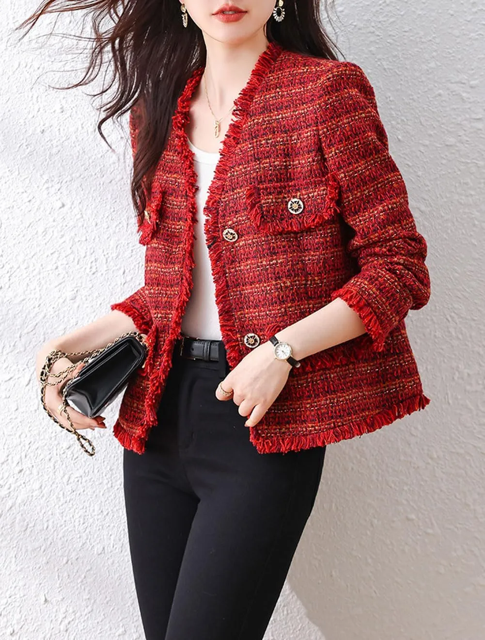 chouyatou Women's Fall V-Neck Fringed Tweed Jacket Button Down Plaid Dressy Tweed Blazer Jacket