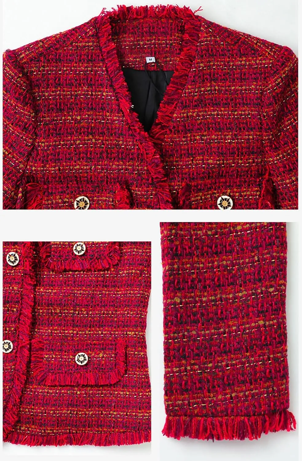 chouyatou Women's Fall V-Neck Fringed Tweed Jacket Button Down Plaid Dressy Tweed Blazer Jacket