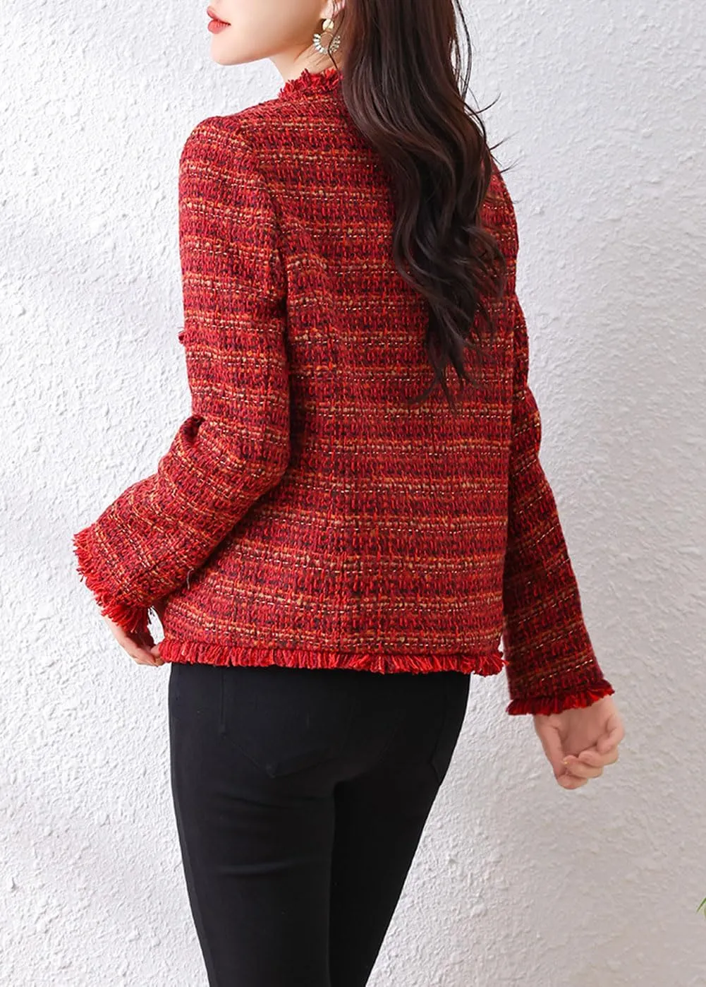 chouyatou Women's Fall V-Neck Fringed Tweed Jacket Button Down Plaid Dressy Tweed Blazer Jacket