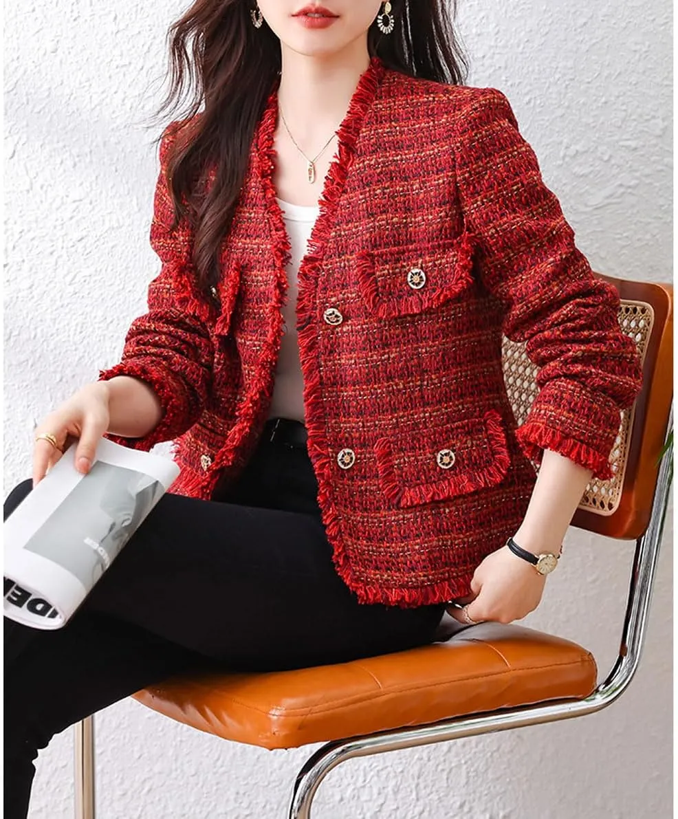 chouyatou Women's Fall V-Neck Fringed Tweed Jacket Button Down Plaid Dressy Tweed Blazer Jacket