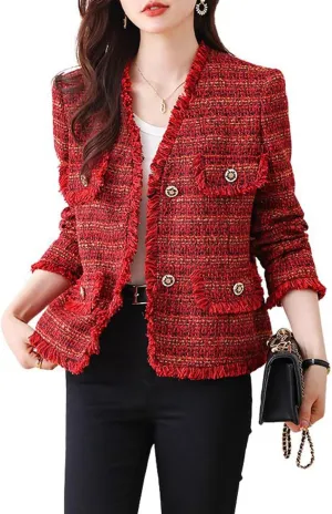 chouyatou Women's Fall V-Neck Fringed Tweed Jacket Button Down Plaid Dressy Tweed Blazer Jacket
