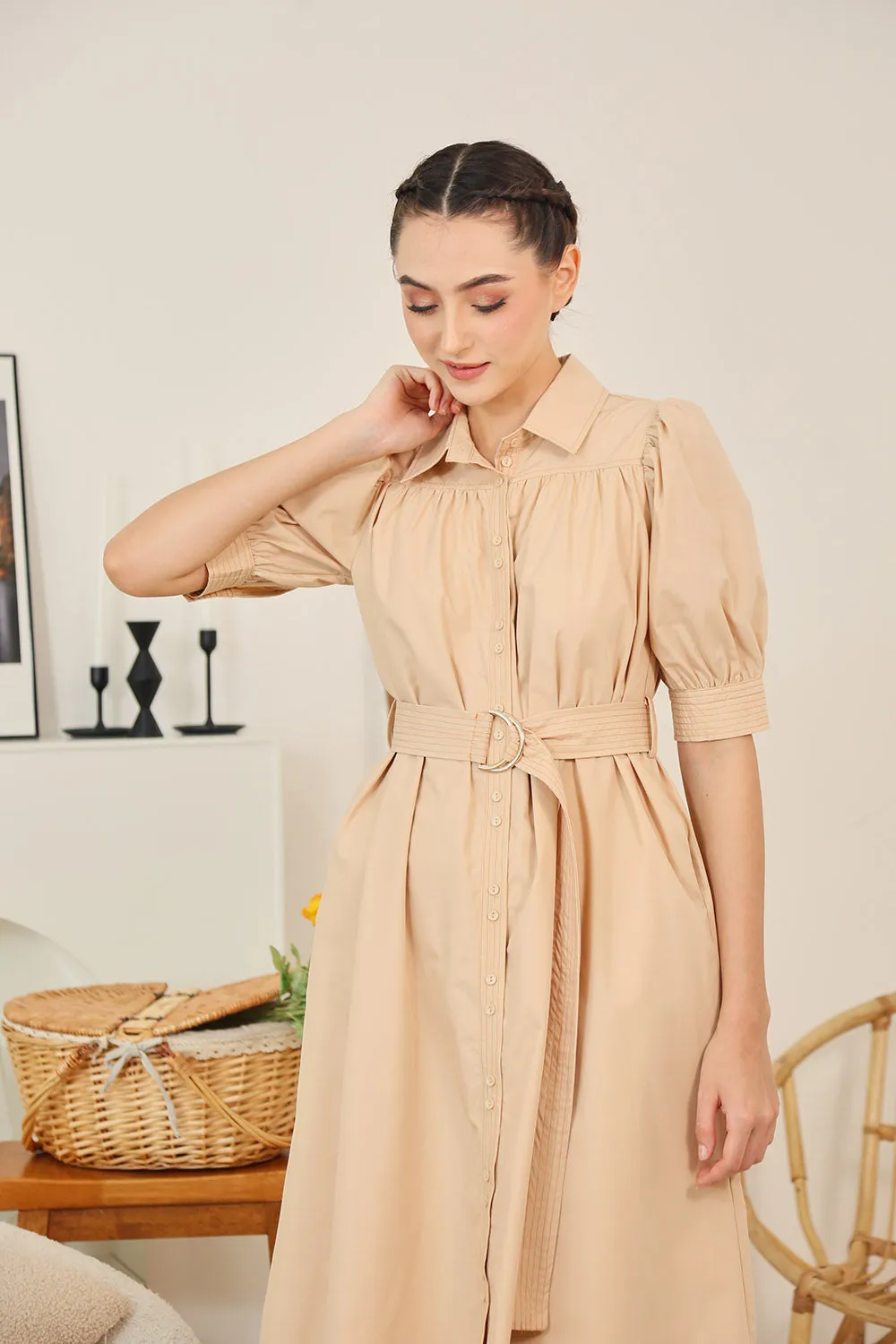 Clarissa Belted Shirt Dress in Apricot