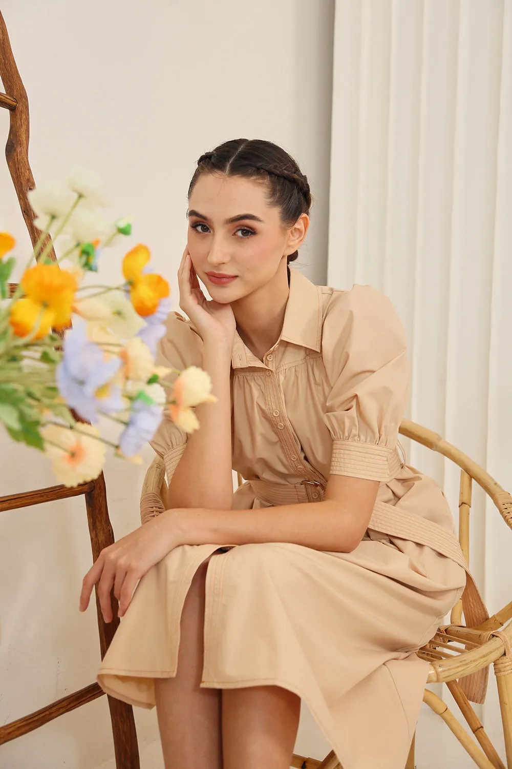 Clarissa Belted Shirt Dress in Apricot