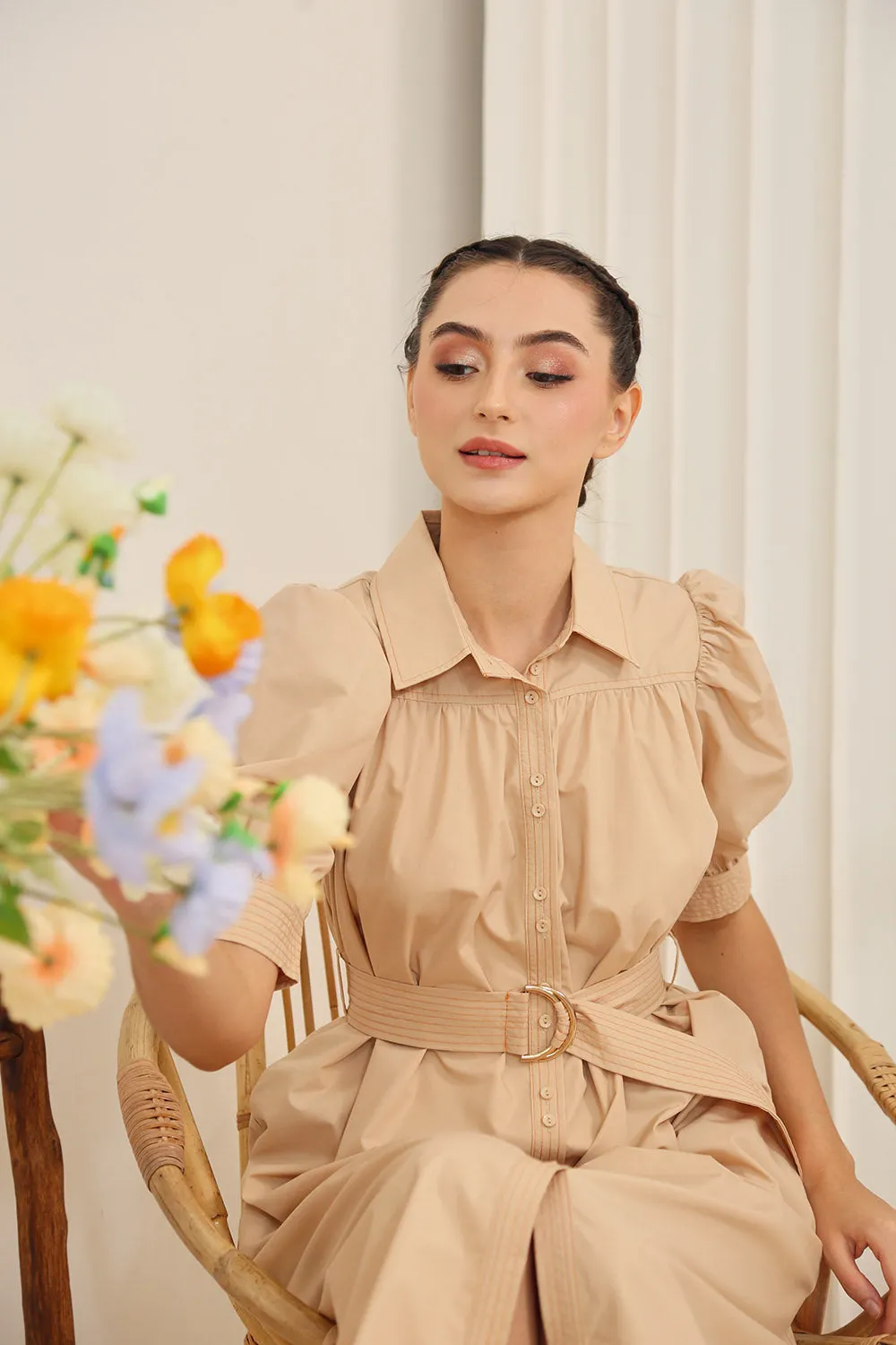 Clarissa Belted Shirt Dress in Apricot