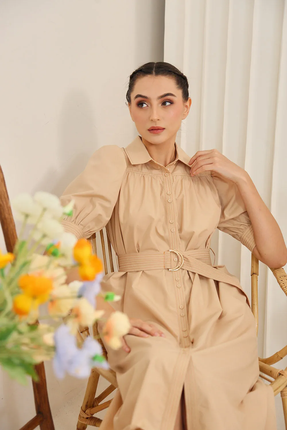 Clarissa Belted Shirt Dress in Apricot