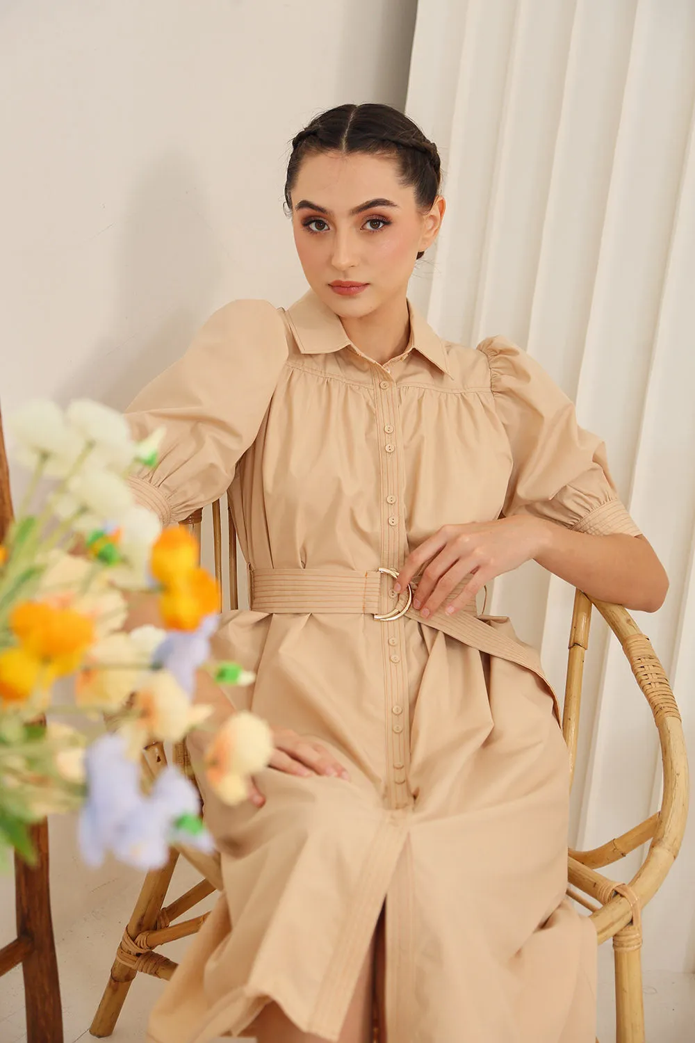 Clarissa Belted Shirt Dress in Apricot