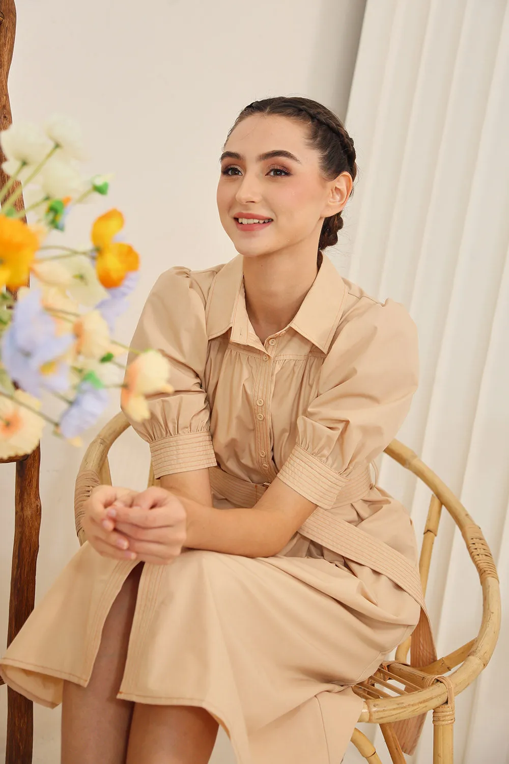 Clarissa Belted Shirt Dress in Apricot