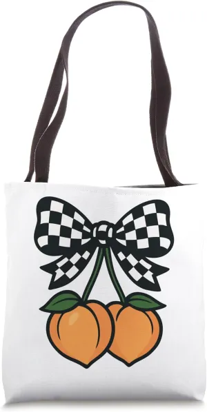 Coquette Peach Aesthetic Checkered Bow Y2K Summer Fruit Tote Bag